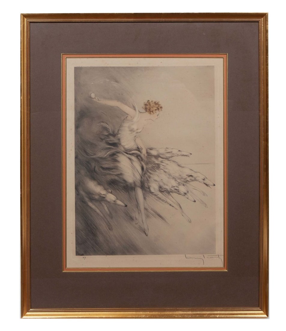 Louis Icart L'Elan: Louis Icart (France, 1888 - 1950) L'Elan Colored etching. Signed in pencil lower right, "Louis Icart" and numbered lower left, "117". Inscribed upper left, "Copyright 1928 by 