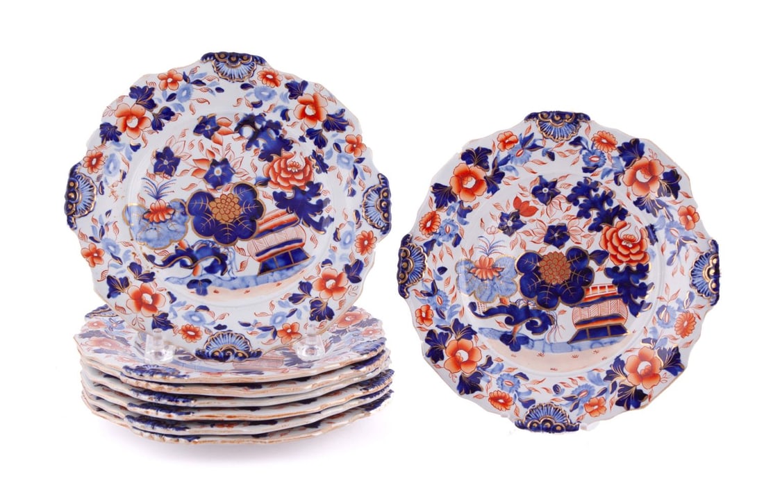 Set of Eight English Ironstone Plates: Set of eight English ironstone plates, decorated in Imari colors. PROVENANCE: Canterbury Antiques, Dallas, Texas