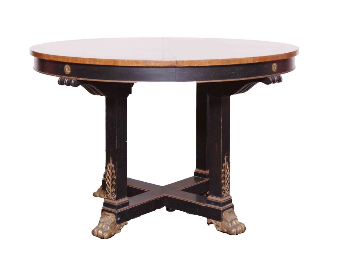 Antique Ebony Dining Table: Round Ebony Dining table with satinwood top and paw feet. Including 6 matching chairs with rouge satin fabric. Measuring: H 29 5/16 W 46 D 46 1/4