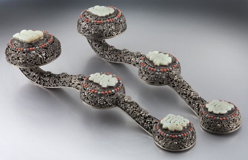 Pr. Chinese Tibetan Jade Mounted Ruyi Scepters