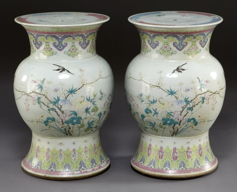Chinese Qing Qianlong famille rose garden stools: Chinese Qing Qianlong famille rose garden stools depicting birds and flowers. 24.5"H x 15" Dia., Circa - 18th C.