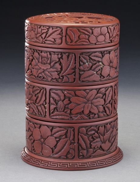 Chinese Yuan-Ming three section cinnabar round box: Chinese Yuan-Ming three section cinnabar round box depicting figures in a landscape and peony blossoms. 6.5"H x 4.25" Dia., Circa - 14th - 15th C.