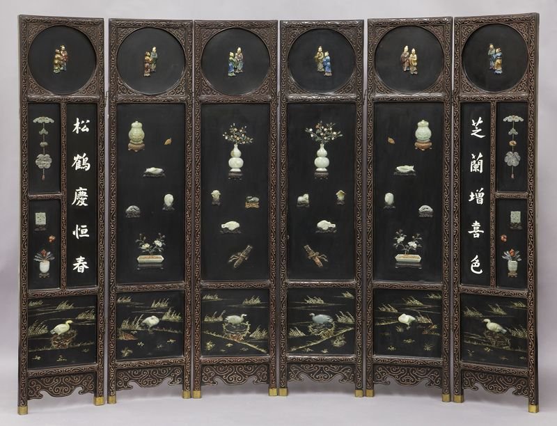 Chinese 6 panel jade and ivory mounted cinnabar: Chinese 6 panel jade and ivory mounted cinnabar (International shipping IS NOT available on this lot. This lot may not be purchased by a resident in the state of California for resale) screen, the pol