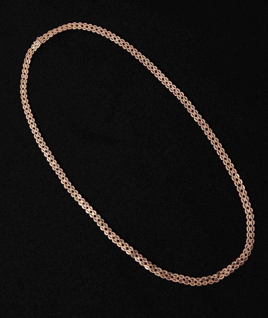Ladies 14ct Yellow Gold Long Necklace: Double strand yellow gold with safety lock. Measuring H 11.5 in Weight 21 gr