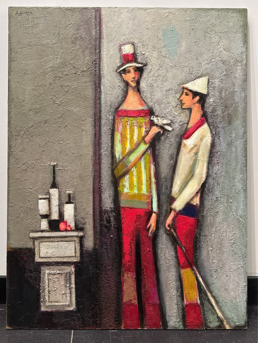 David Adickes Painting Two Men, Cane, Chest, Wine: David Adickes (American, Texan, 1927 - ) Two Men, Cane, Chest, Wine, 2007 Acrylic and texture Measuring H 48 W 36 in Signed top left corner