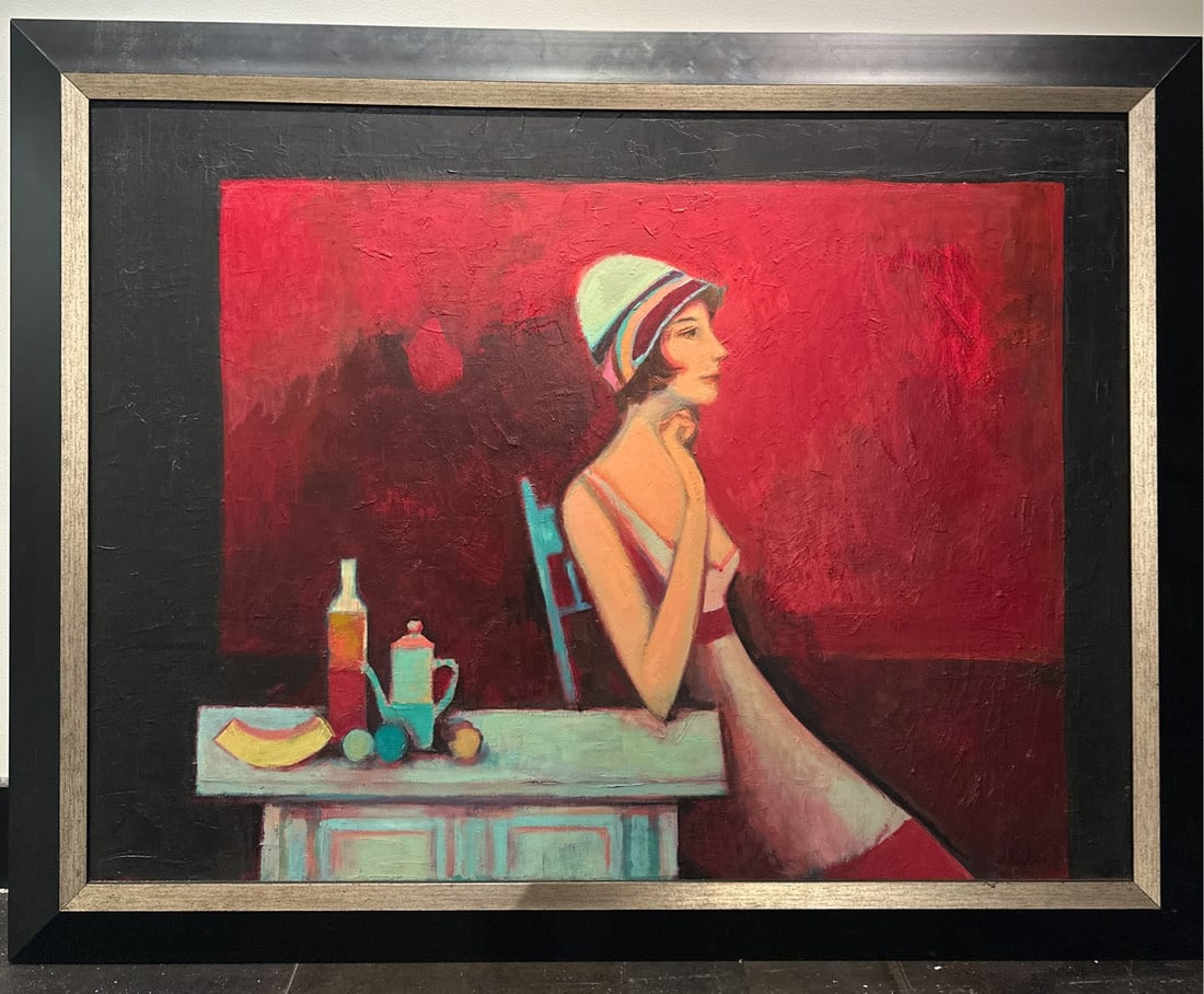 David Adickes Painting Woman, Seated at Table: David Adickes (American, Texan, 1927 -) Woman, Seated at Table Acrylic and texture Measuring H 36 x W 46 in Portraying a woman sitting at a table