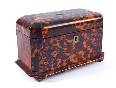 Antique Regency Tortoiseshell Tea Caddy: Felt lined, hinged top. Mother of Pearl knobs. Two compartments with lids. Measuring H 5 W 9 D 5 in Provenance: Private Dallas Collector No Reserve