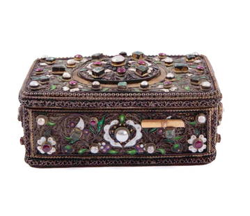 Cloisonne & Silver Mechanical Singing Bird Box: Enameled flowers and leaves with pearls and gemstones adorning all sides. Mechanical wind, bird emerges and sings. Measuring H 1.5 W 4 D 2.5 in Provenance: Private Dallas collector No reserve