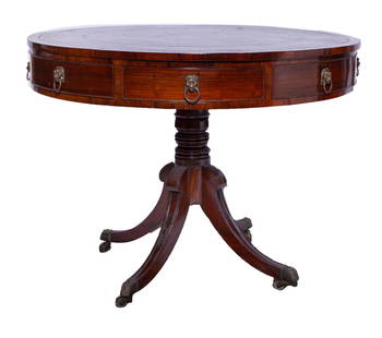 English Game Table: Round table with leather top and drawers. Measuring H 29.75 W 40.10 in Provenance: Private Dallas collector No reserve