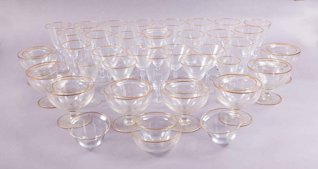 Set of Stemware: Including: - 8 Punch Cups - 10 Champagne glasses - 8 Wine glasses - Six Martini glasses In fair condition. Provenance: Private Dallas Collector No reserve