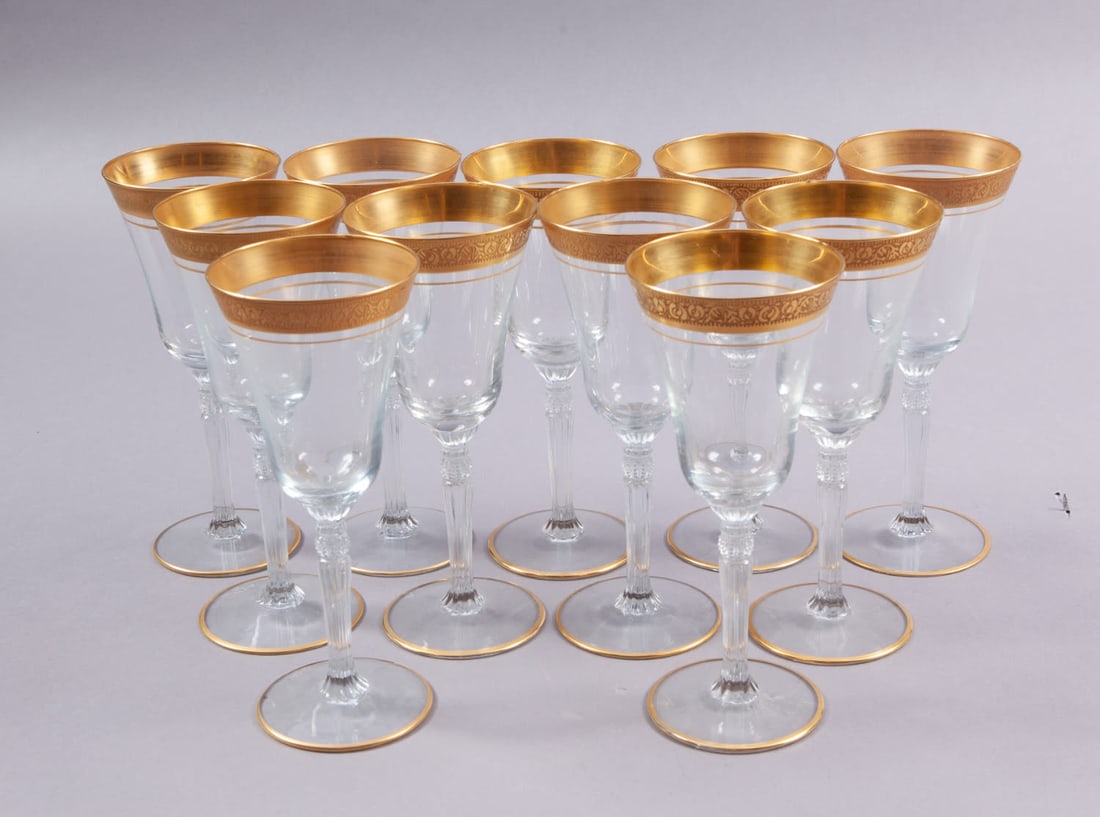 Gold Rimmed St. Louis Thistle Style Wine and Champagne Glasses: In the style of St. Louis Thistle Including: 10 large, 11 medium, 10 small, 5 miniature Provenance: Private Dallas Collector No reserve