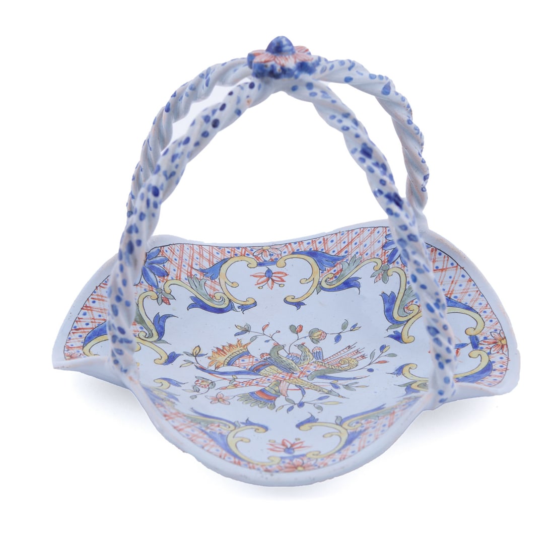 Quimper Fianse Handled Basket: Twisted handles featuring floral and bird motif. Measuring H 6 W 7.5 in In good condition Provenance: Floyd and Beverly Sherman's Private Collection No reserve