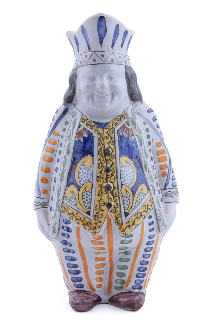Quimper Fiance Figural Pitcher: Handled water pitcher depicting a king. Unsigned. Measuring H 11 W 7 in Provenance: Floyd and Beverly Sherman's Private Collection No reserve