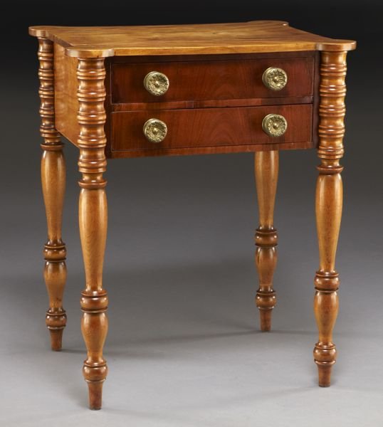 Federal two-drawer work table,: Federal two-drawer work table, the rectangular top with outset corners, over two drawers with mahogany veneered fronts and original brass hardware, standing on four boldly turned and tapered legs. 27.