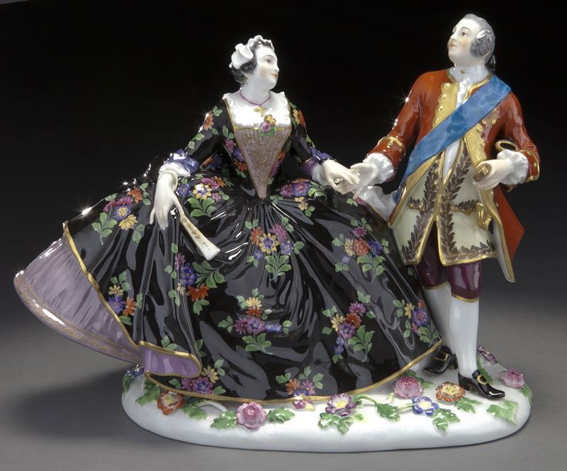 Meissen porcelain figural group of a royal couple,: Meissen porcelain figural group of a royal couple, modeled as Augustus III and Maria-Josepha, on a mound base accented by floral vines. After the model by J.J. Kaendler. Cross swords mark in blue unde