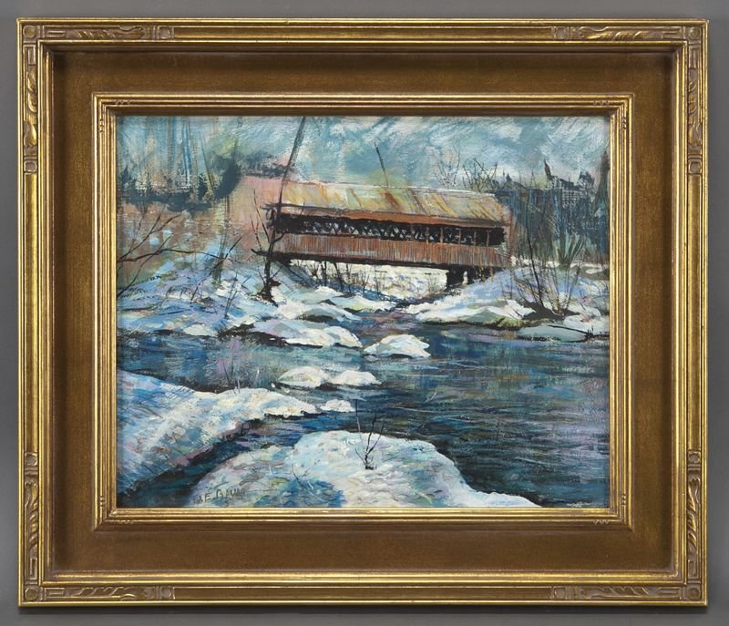 Walter Emerson Baum, "Red Bridge Crossing": Walter Emerson Baum, "Red Bridge Crossing" oil on board, 1946. Signed lower left, "W. E. Baum", titled, dated and inscribed "Catskills, NY 1946" on board reverse. Board: 16"H x 20"W. Frame: 23.25"H x 