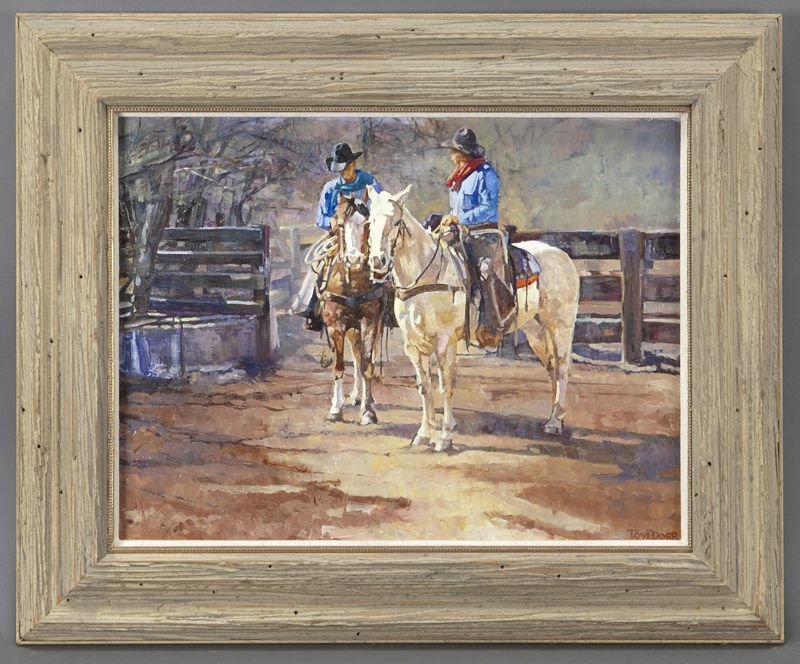 Tom Dorr, "Just Talkin" oil on canvas laid on: Tom Dorr, "Just Talkin" oil on canvas laid on board. Board: 19"H x 25"W; Frame: 27.25"H x 33.5"W. Signed lower right, "Tom Dorr". Tom Dorr (American, b. 1950) paints contemporary working cowboys. Circ