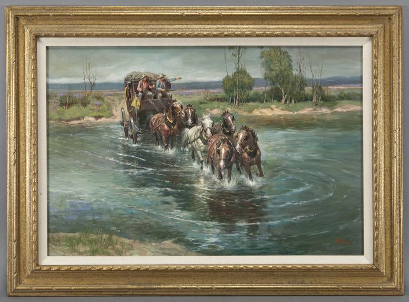 Lajos Markos, "Stagecoach Crossing" oil on canvas.: Lajos Markos, "Stagecoach Crossing" oil on canvas. Signed lower right, with gallery label on the reverse "Rainone Galleries, Arlington, Texas". Canvas: 24"H x 36"W. Frame: 32.5"H x 44.5''W. Lajos Mark