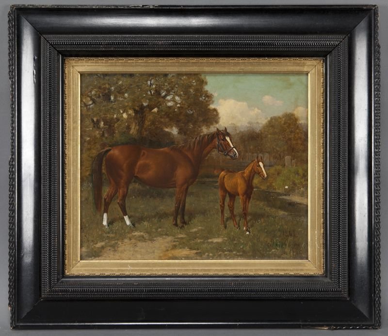 Henry Stull, "Mare and Yearling" oil on canvas.: Henry Stull, "Mare and Yearling" oil on canvas. Canvas: 14"H x 17"W; Frame: 23.5"H x 27"W. Signed lower right, "Henry Stull 1894". Henry Stull (American, 1851-1913) was one of two major nineteenth-cen