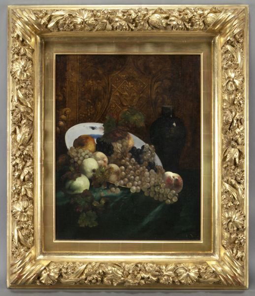 Antoine Vollon, "Still Life with grapes, pears,: Antoine Vollon, "Still Life with grapes, pears, and peaches" oil on canvas. Signed lower right, "A. Vollon". Canvas: 29"H x 23.25"W; Frame: 42.25"H x 36"W. Antoine Vollon (French, 1833-1900) was a Rea