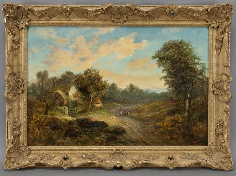 William Stone, "Family on a Path by a Country: William Stone, "Family on a Path by a Country Cottage" oil on canvas. Signed lower right, "WA. Stone". Canvas: 20"H x 30"W. Frame: 26.25"H x 36.25"W. William A. Stone (British, 19th Century).