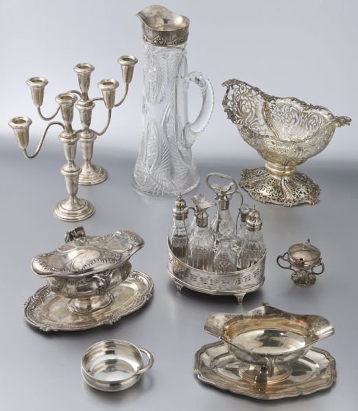 Group of (9) sterling and cut glass tableware,: Group of (9) sterling and cut glass tableware, including: (2) footed sauce dishes, one with lid; (1) reticulated footed basket; (1) covered salt cellar; (1) small dish with one handle; (1) English ste