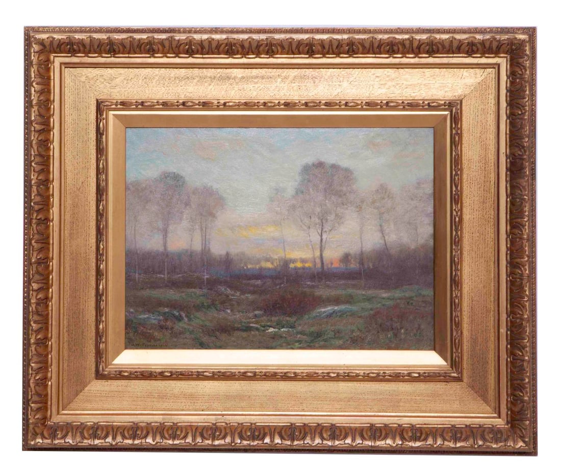 Dwight William Tryon, October Sunset, Oil on Panel: Dwight William Tryon (American, 1849 - 1925) October Sunset, 1914 Oil on panel Signed and dated lower right Panel measuring H 11.5 W 16 On a wooden carved and gilt frame, measuring H 21 W 26 in Proven