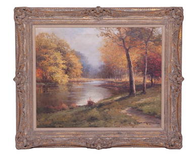 Robert Wood, Golden Hour, Oil on Canvas: Robert William Wood (American, 1889 - 1979) Golden Hues Oil on canvas Signed and dated lower right corner Robert Wood 57 and titled on verso. Canvas measuring H 24 W 30 in On a carved wood gilt frame