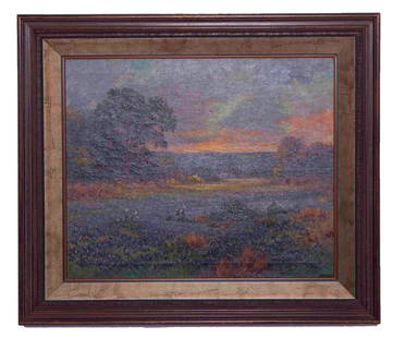 Robert Wood, Bluebonnets at Sunset, Oil on Canvas: Robert William Wood (American, 1889 - 1979) Untitled, Bluebonnets at sunset Oil on canvas Signed lower right corner Robert Wood Canvas measuring H 20 W 23.5 in On a wooden frame measuring H 27 W 31 in