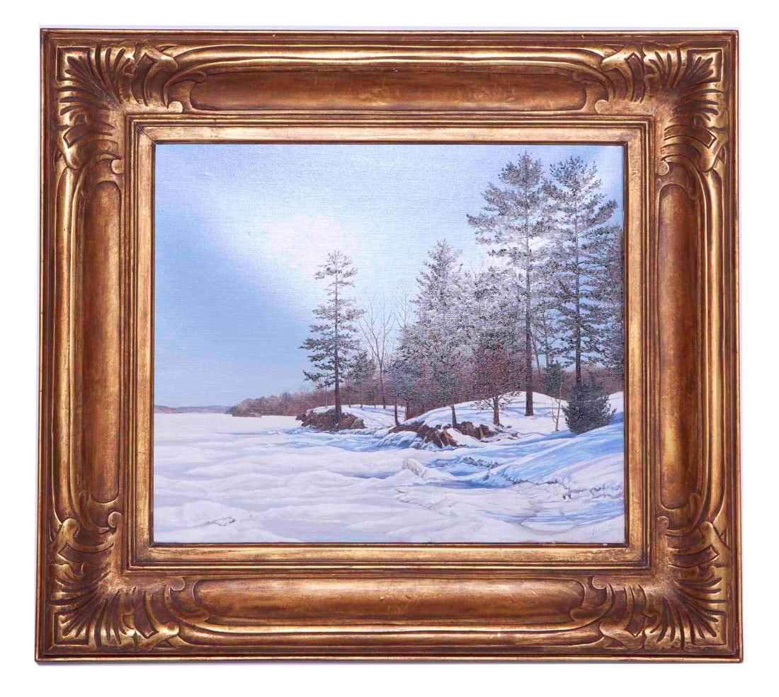 Tom Yost, View of Bard Rock Oil on Linen: Tom Yost (American) Oil on linen Signed and dated lower right Yost '15 Canvas measuring H 12 W 14 in On wooden carved and gilt frame, measuring H 19 W 21 in Part of Tom Yost: At The Edge Of The