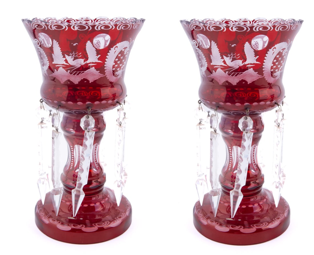 Pair of Bohemian Egermann Czechoslovakia Cranberry Cut Glass Vases (1 of 7)