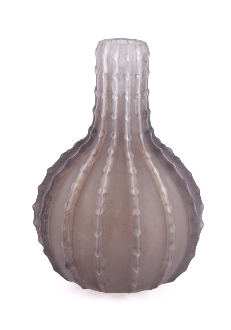 Rene Lalique Dentele Vase Frosted Glass: Lalique Dentele Vase in Frosted Glass in Smoky Gray, Circa 1912. Etched at the base. Measuring H 8 x W 5 in