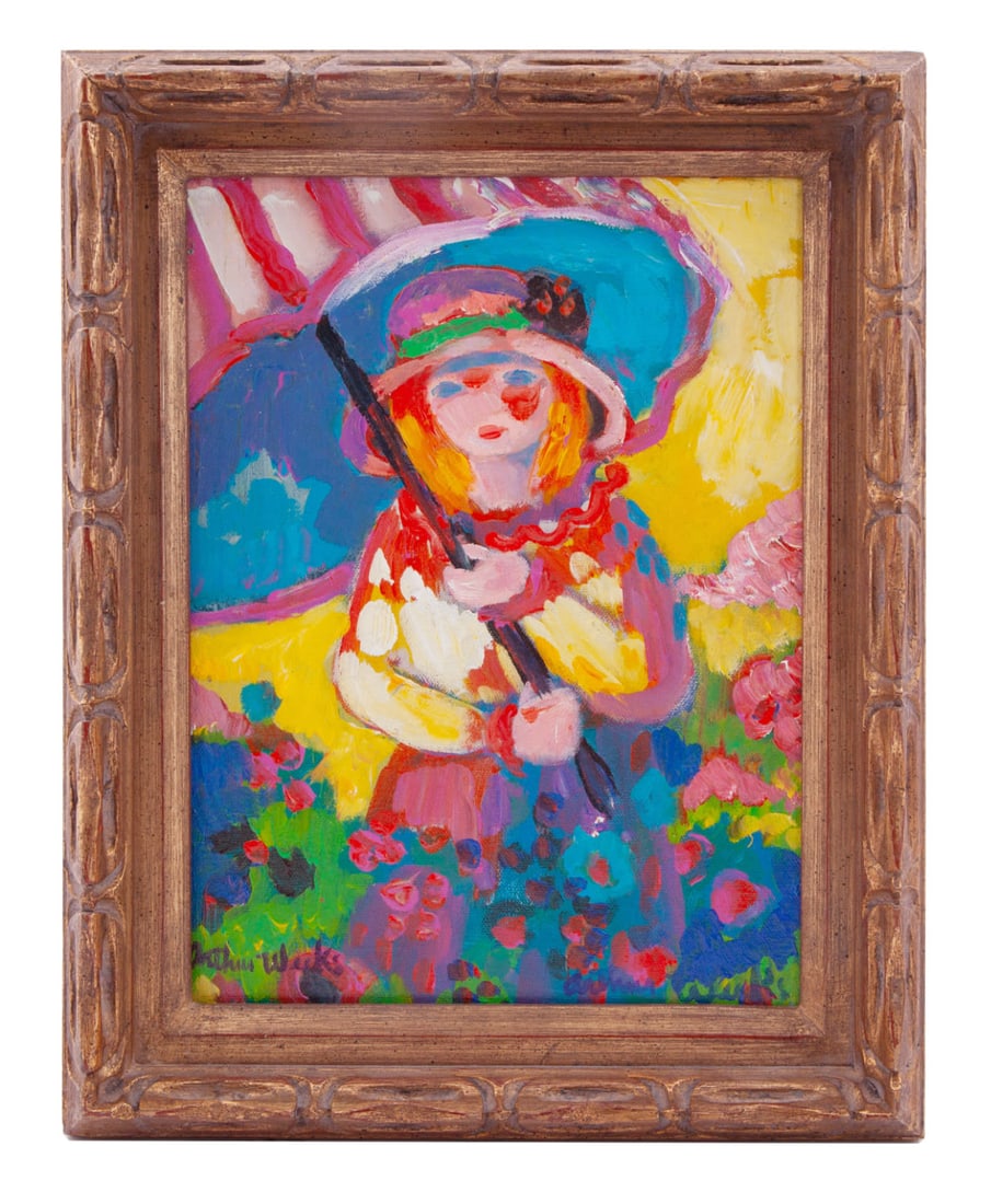 Arthur Weeks, Pink Parasol, Acrylic on Canvas: Arthur Weeks (American, 1930 - 1988) Pink Parasol Acrylic On Canvas Signed Arthur Weeks bottom left corner Canvas measures H 12 x W 9 inches Wooden gilt frame measures H 15 x W 12 x D 1.5 inches