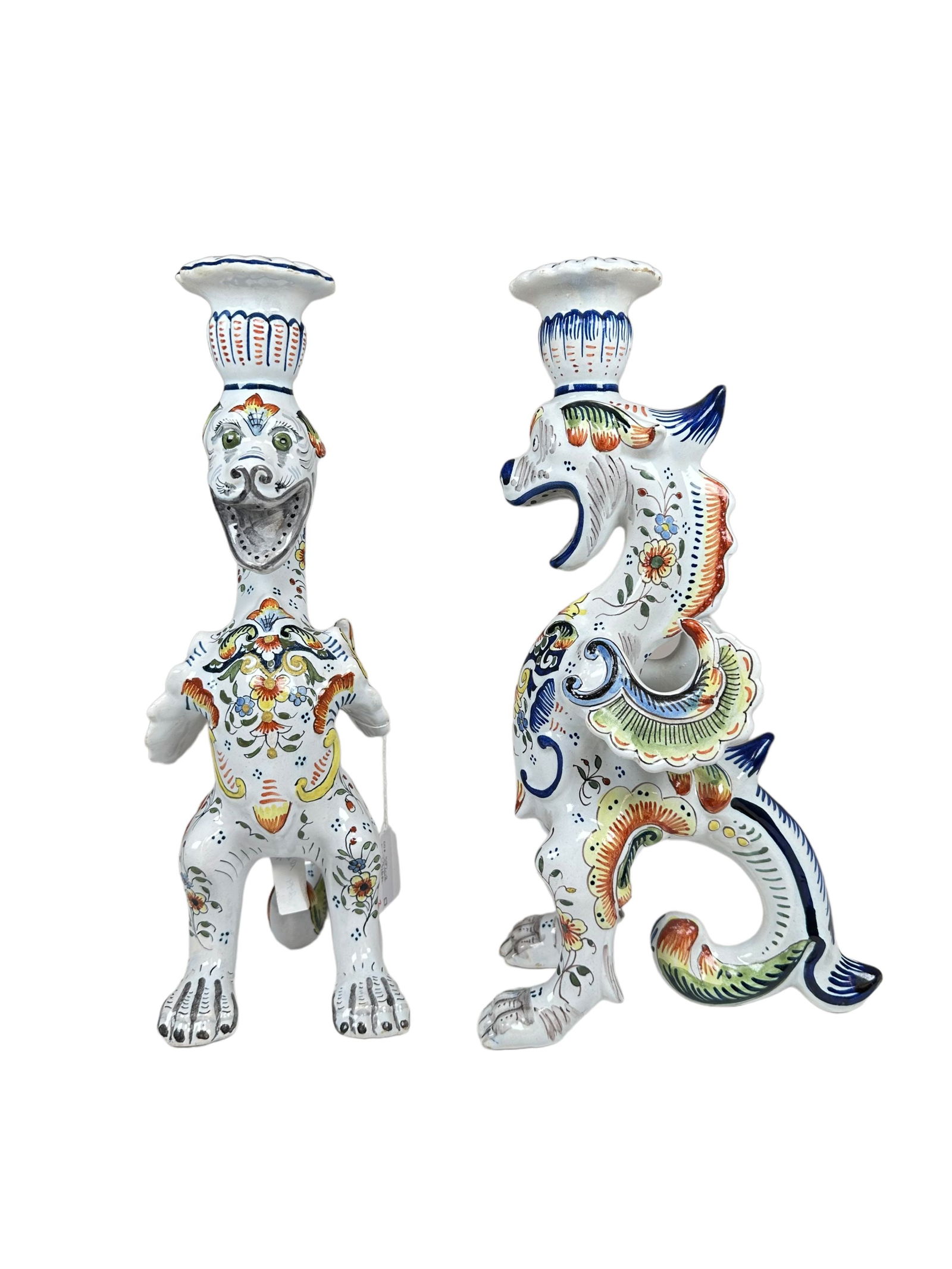 Pair of French Faience Quimper Dragon Candle Holders by Emmanuel Rouen (1 of 2)