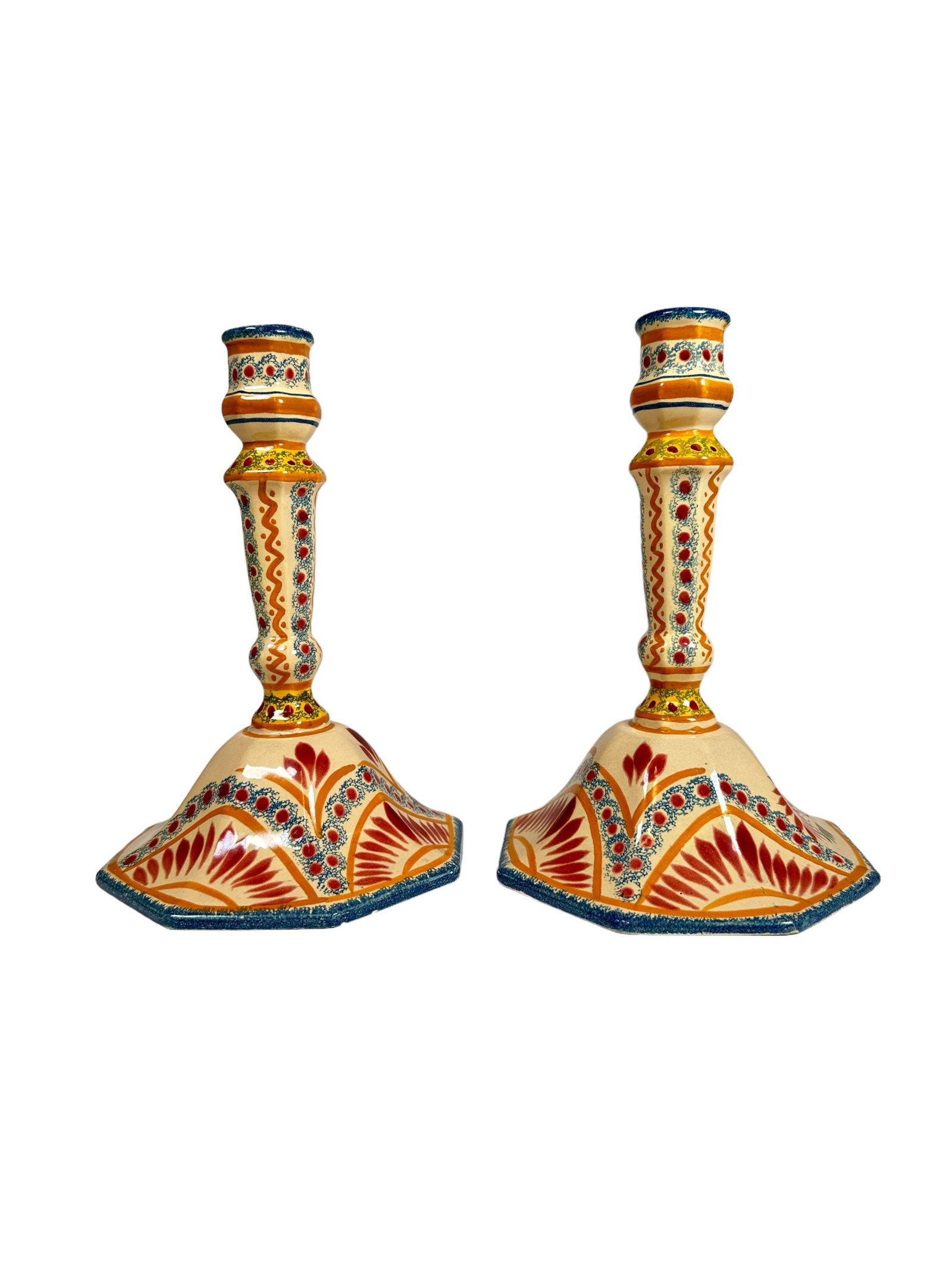 Pair of French Faience Quimper Soleil Canfle Holders By Henriot Quimper (1 of 4)