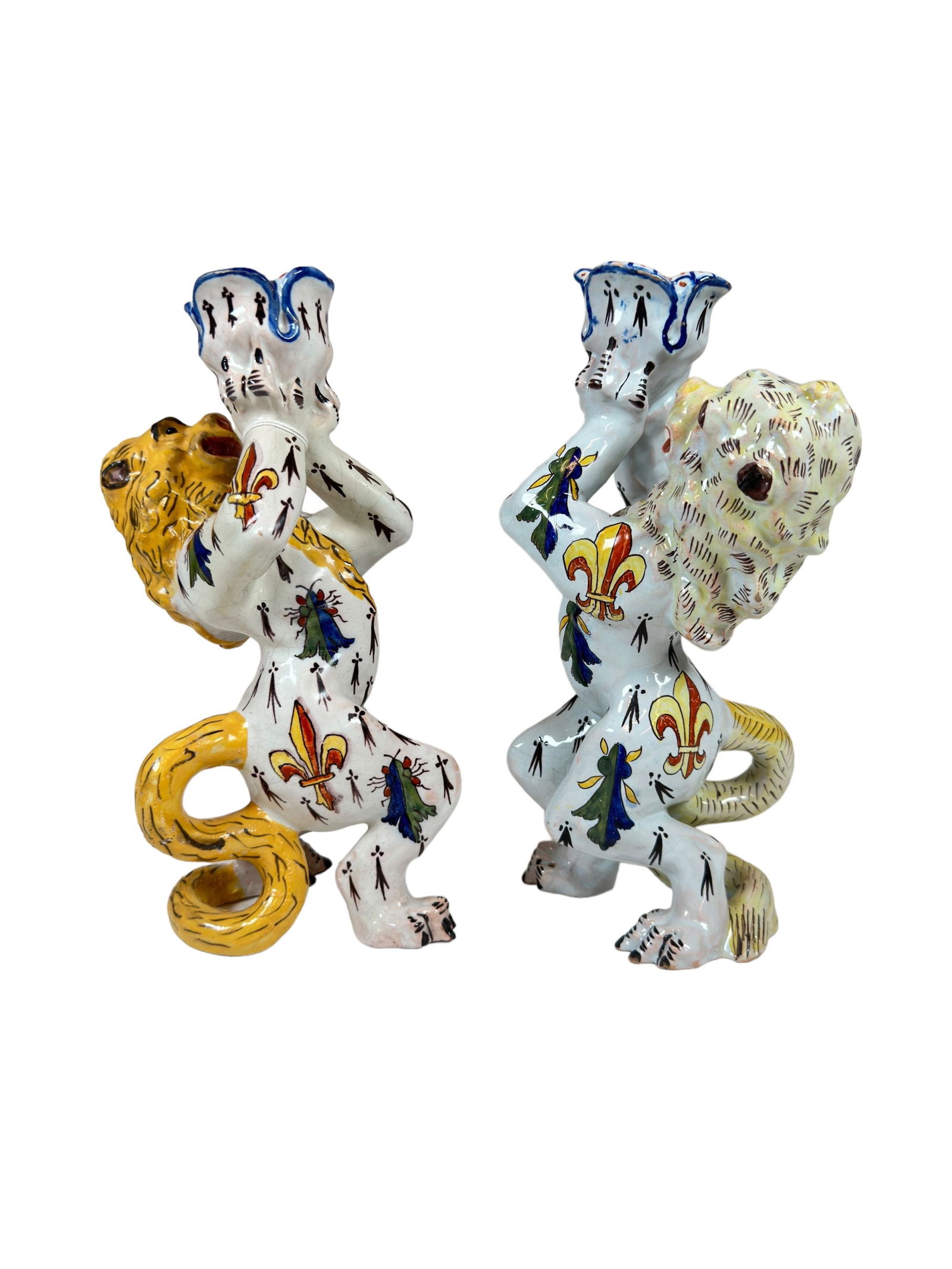 Pair of French Faience Quimper Lion Candle Holders (1 of 4)