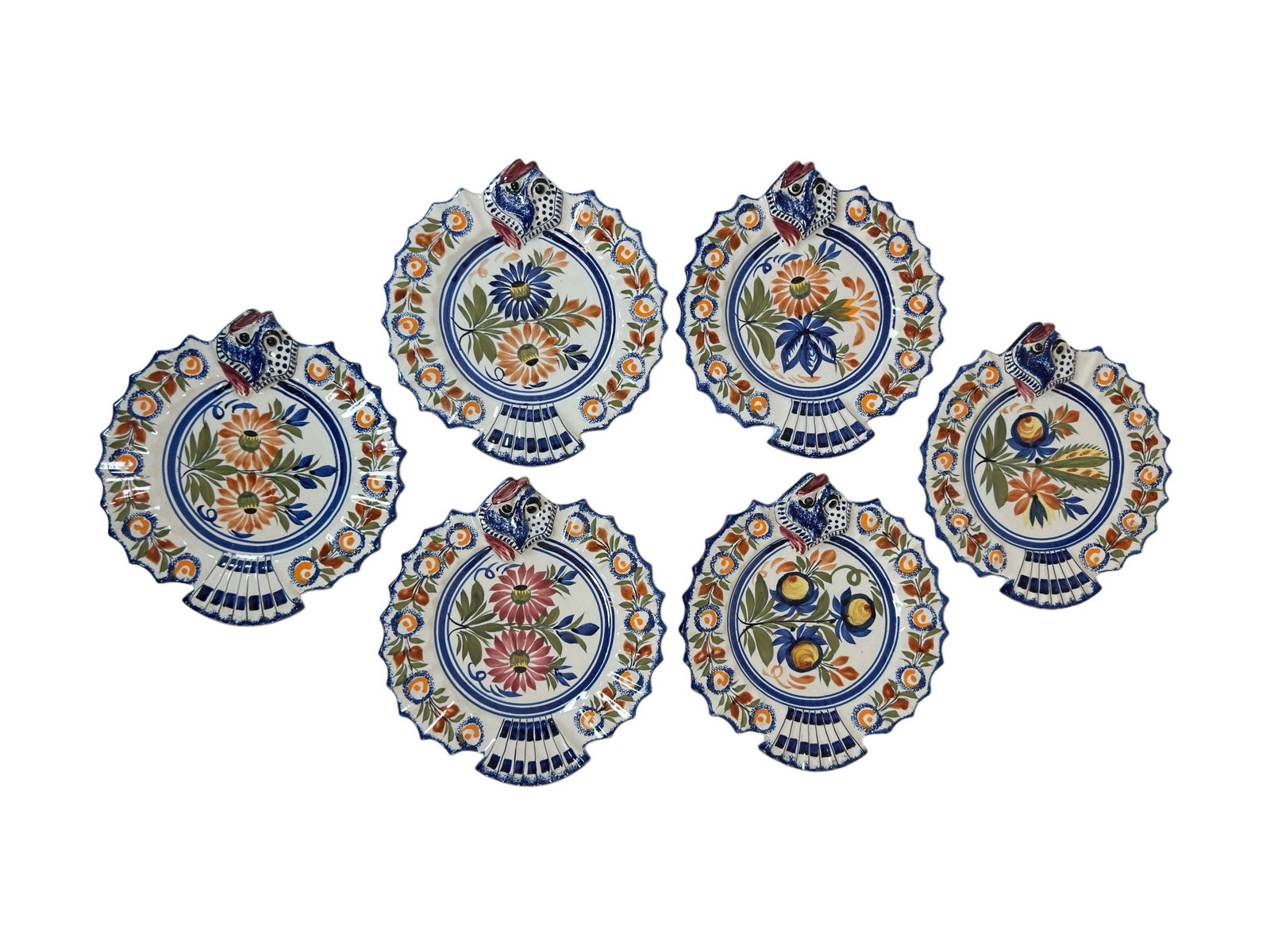 Set of Six Quimper Hand Painted Flatan Halibut Plates by Bareges (1 of 2)