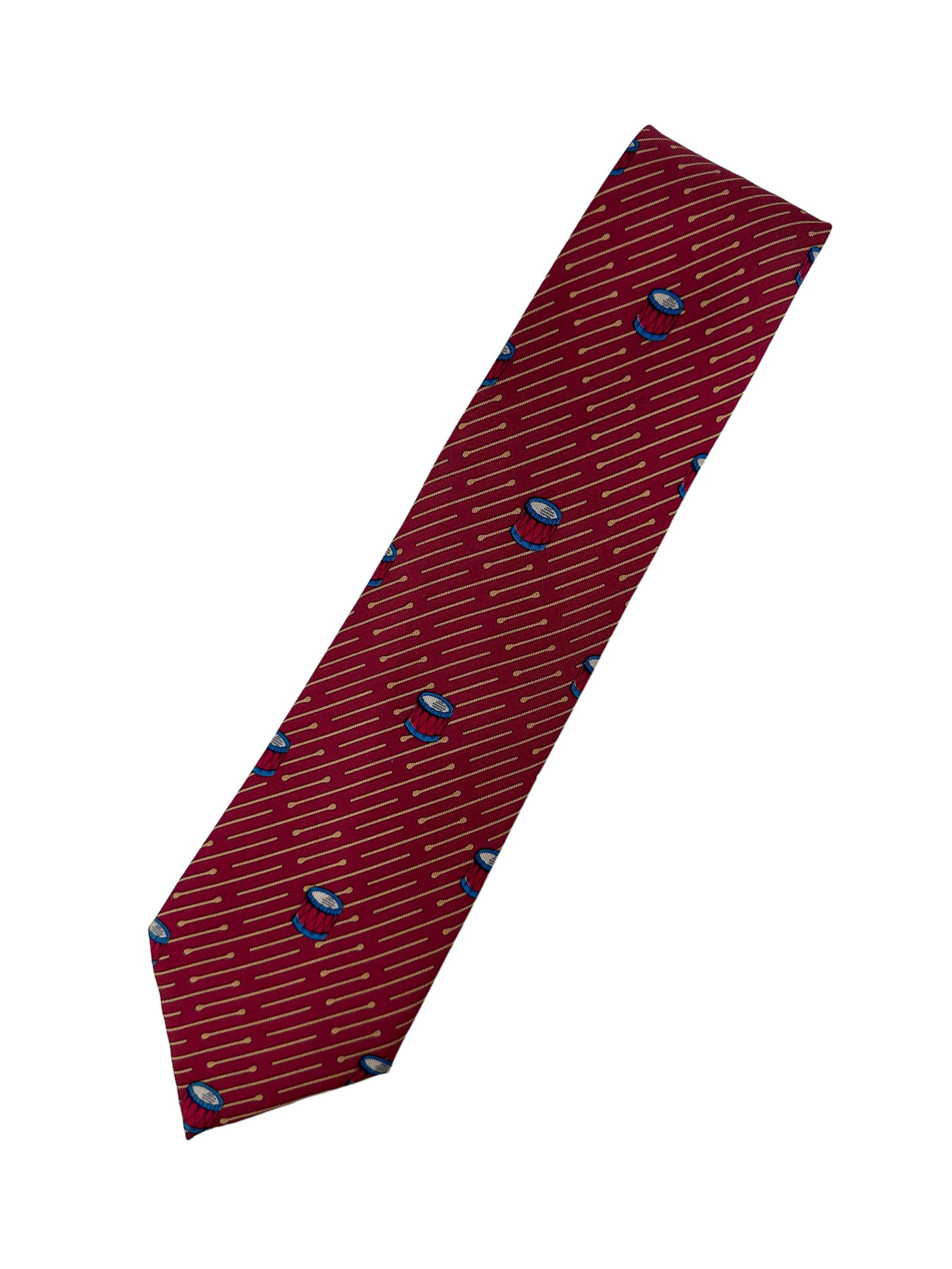 GENTLEMANS HERMES TIE: 100% silk tie Burgundy with drum and drum sticks 7135 FA In great condition Provenance: Private Chicago Collector No reserve