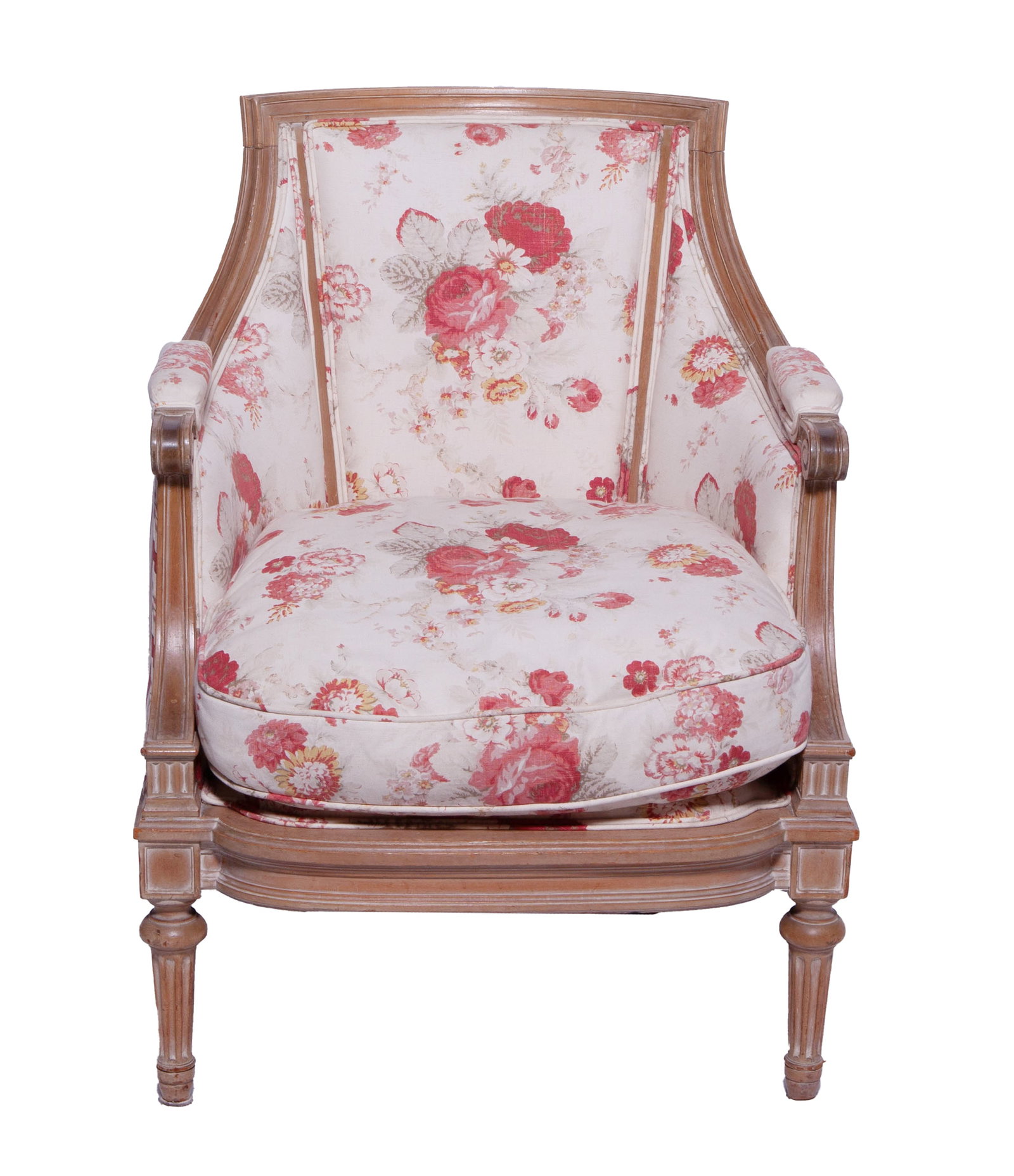 19th Century French Louis XVI Style Upholstered Armchair: Elegant armchair with carved frame and floral upholstered back, seat and arms featuring roses and flowers. Measuring H 36 W 27.5 D 21 in Slight wear to the fabric.