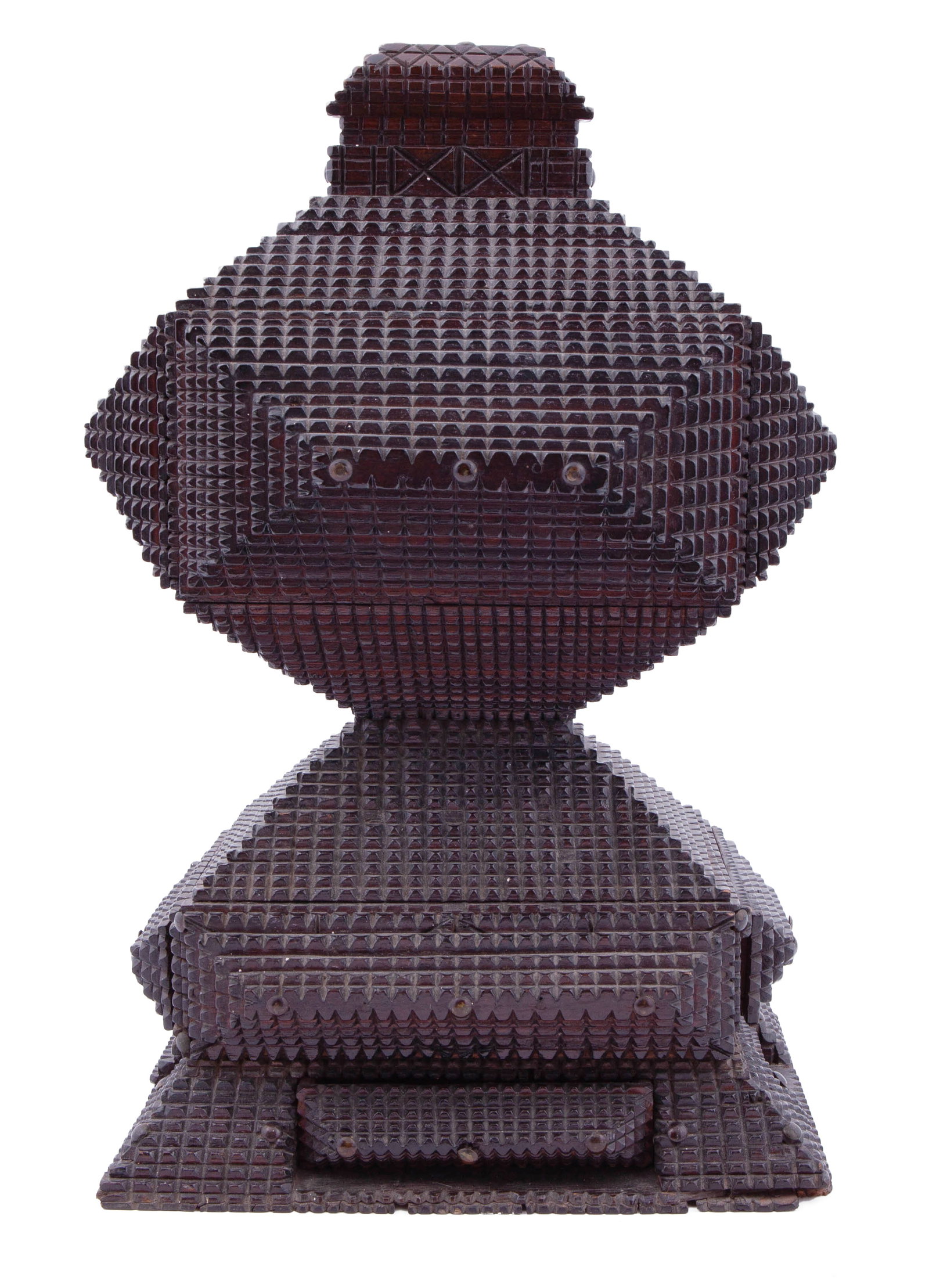Vintage Tramp Art Urn: Wooden Tramp Art urn with four hidden drawers on the base, each with brass knob. Measuring H 18 W 10.5 D 8 in Some minor chips to the edges Provenance: Private collection of Floyd and Beverly Sherman 