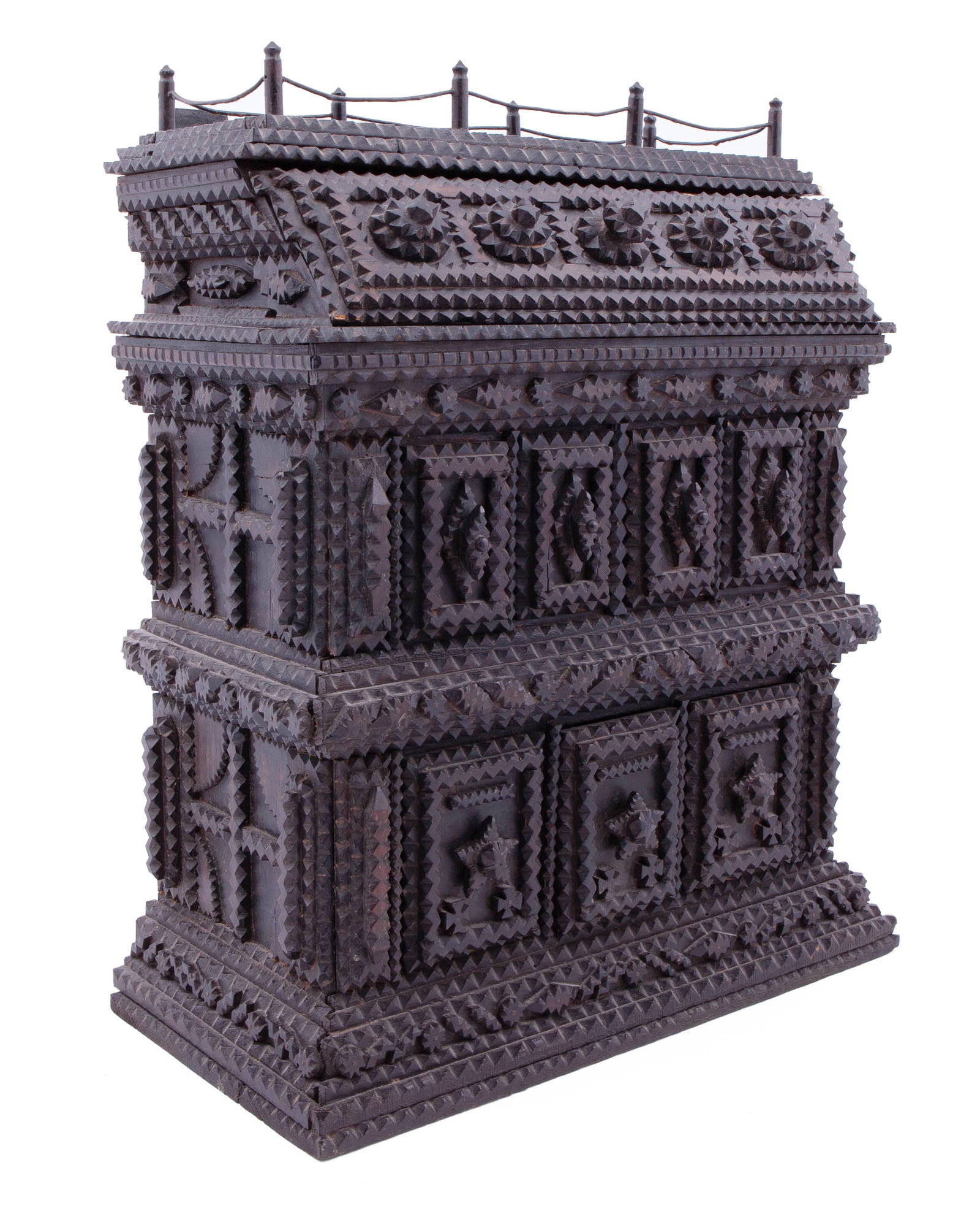 Large Tramp Art Decorated Hanging Pagoda With Drawers: Large decorated Tramp Art pagoda with eight hidden drawers, three on the base, four in the middle and a large on on the top. Decorative fence on the top. Some chips and losses to the wood. Measuring H