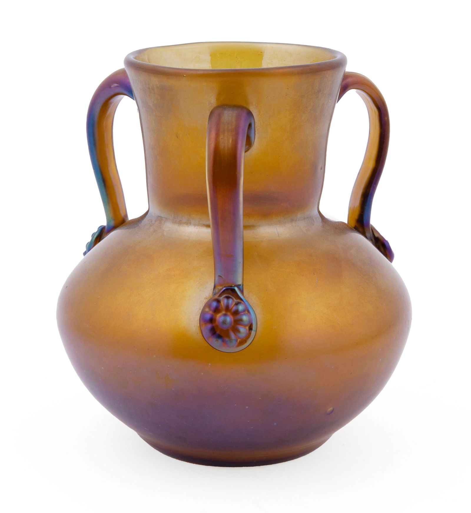 Loetz Glatt Bronze Three Handled Glass Vase: Loetz Bohemia Glass Three Handle iridescent glass vase in the Glatt Bronze design, handles applied with raspberry prints. Measuring H 6.5 D 6 in Some scratches and blemishes to the surface. Provenance