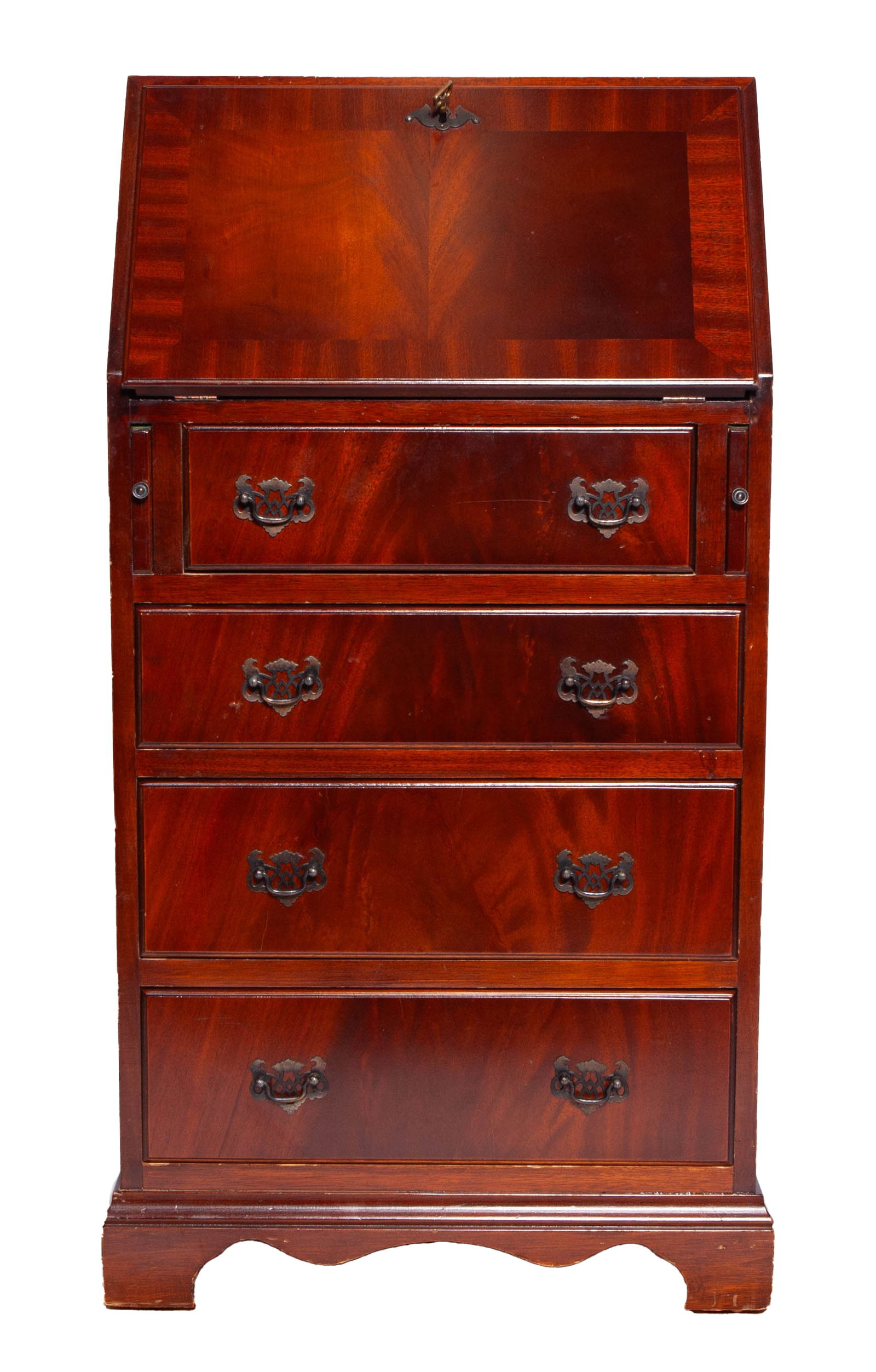 Swedish Mahogany Slant Front Secretary Desk: Secretary desk in mahogany wood, four drawers with brass pull handles and a top turning into an elegant writing desk. The top has a brass key hole and is completed with key. Some scratches to the top.