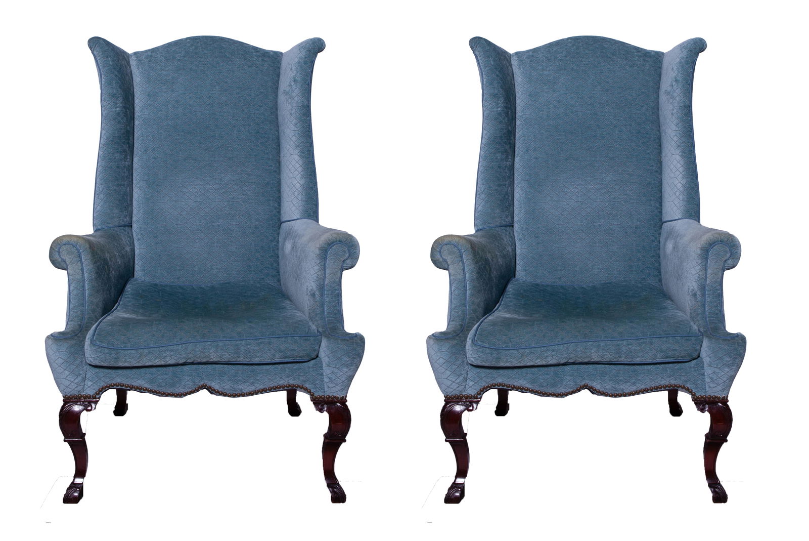 Pair of Tall Wingback Velvet Blue Armchairs (1 of 8)