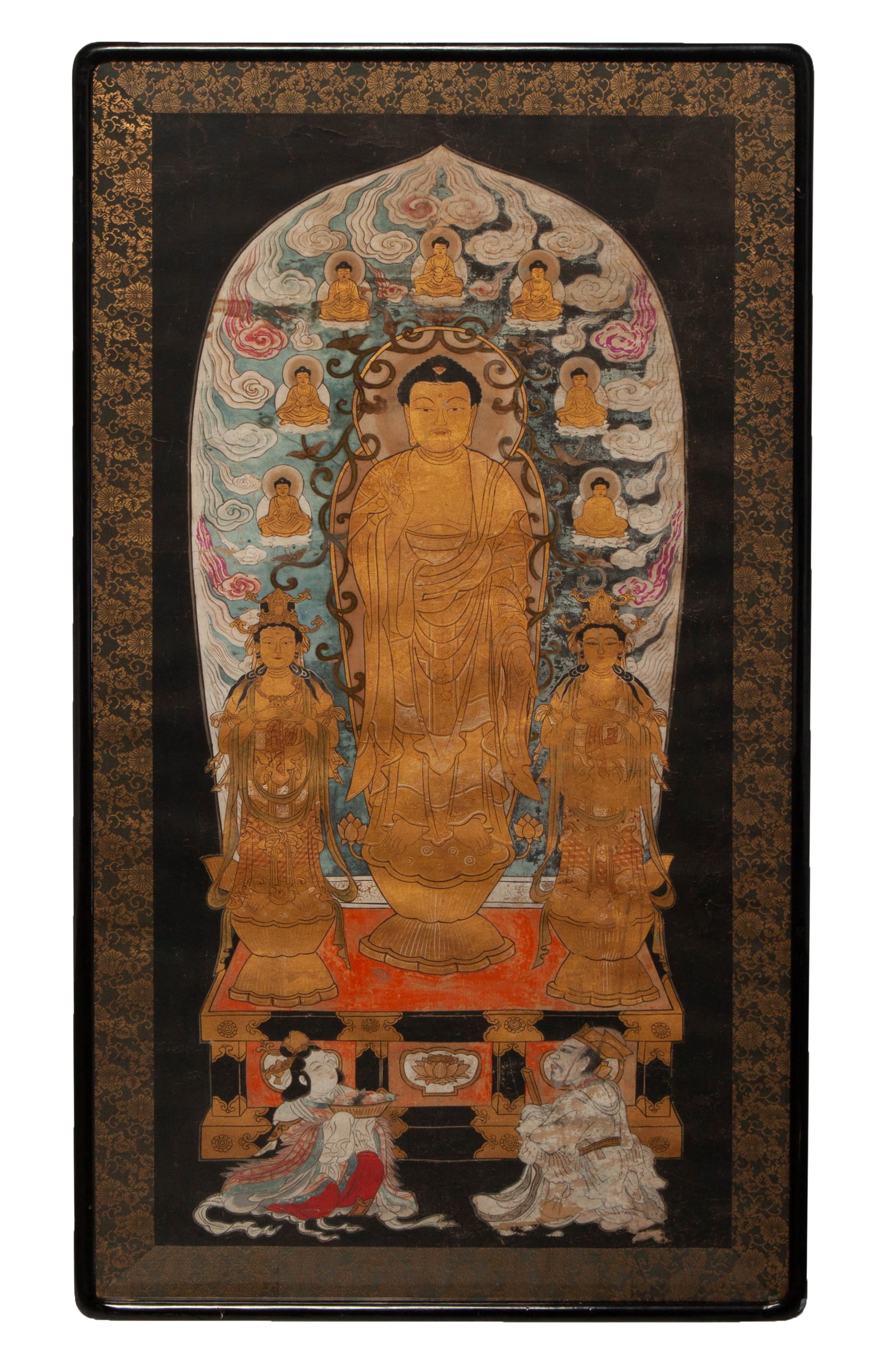 Japanese Buddhist Painting: Japanese painting depicting people worship to Shakyamuni Buddha. On a gilt arabesque mat, framed. Measuring H 36.5 W 20 in Some dents and scratches to the frame. Provenance: Private Dallas Collector