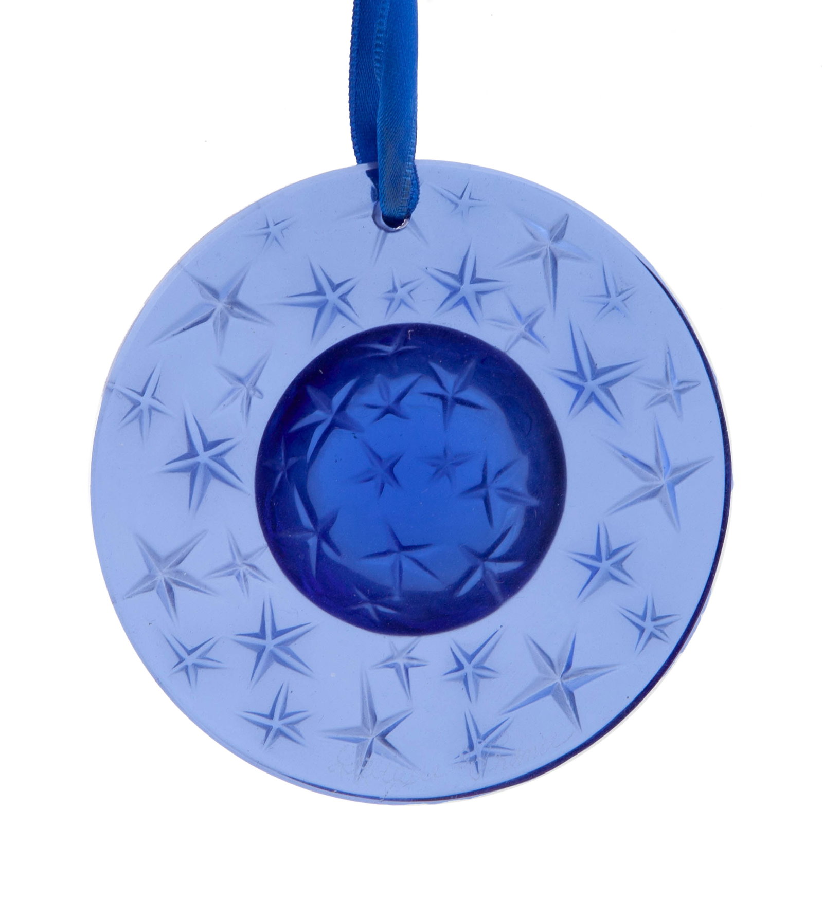Lalique Seasonal Ornament: Lalique Christmas 1993 ornament, Blue Star Crystal with blue ribbon. With original box. Etched Lalique France on verso. Measuring D 2.75 in Box measuring 3 x 3 in No reserve
