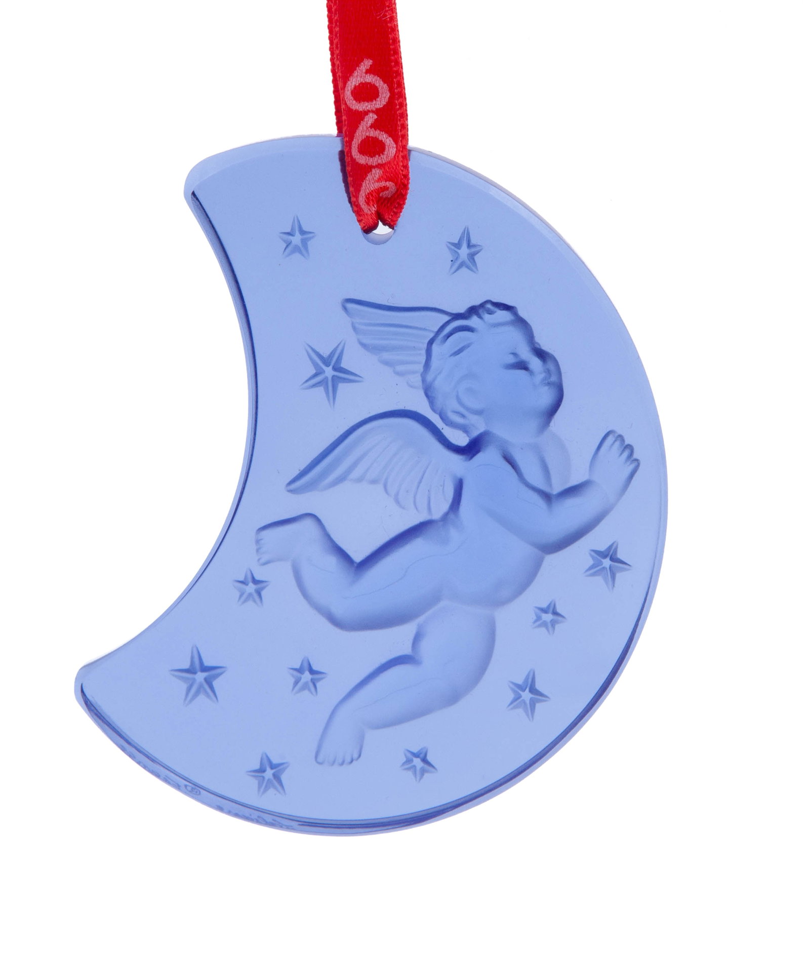 Lalique Christmas 1999 ornament, Blue Cherub Crystal with red ribbon.: With original box. Etched Lalique France on verso. Measuring H 2.75 in Box measuring 3 x 3 in No reserve