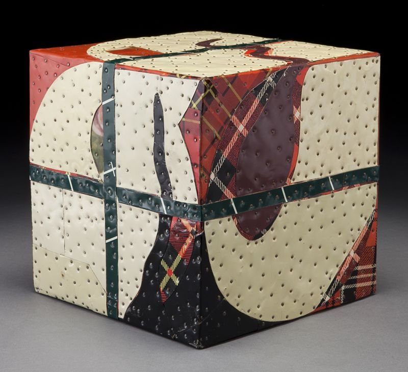 Tony Berlant, "Untitled Box" found and fabricated: Tony Berlant, "Untitled Box" found and fabricated printed tin collage on plywood with steel brads, circa 1975. 8"H x 8"W x 8"D. Tony Berlant (American/California, b. 1941) is best known for his painte