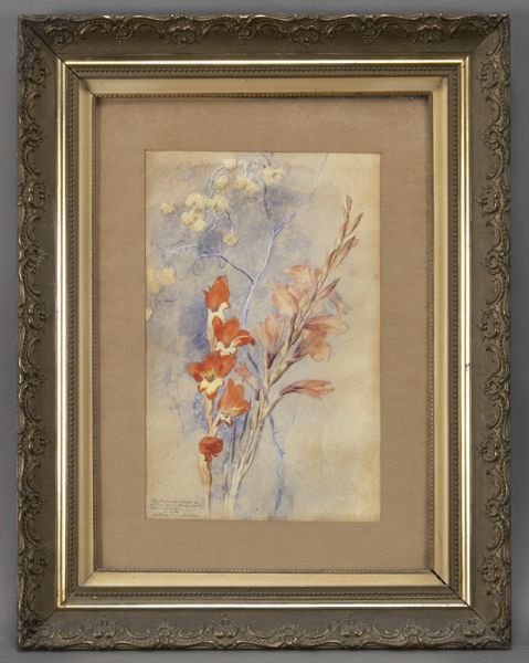 Arturo Michelena, "Still Life of Gladioli" gouache: Arturo Michelena, "Still Life of Gladioli" gouache and watercolor on paper, inscribed by the artist's widow lower left "Doy fe que este acuarela es pintado por mi finado marido Arturo Michelena, su vi