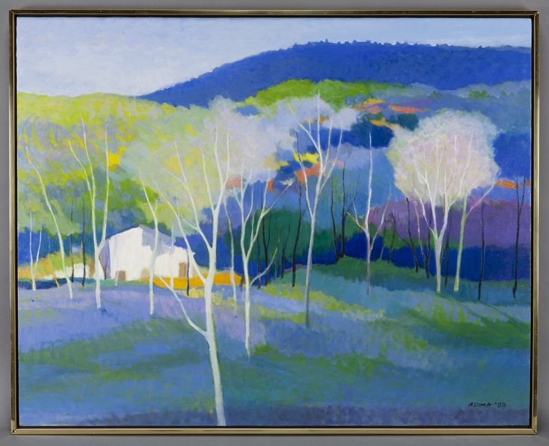 Tadashi Asoma, "House in the Woods" oil on canvas.: Tadashi Asoma, "House in the Woods" oil on canvas. Signed and dated lower right "Asoma '88". Gallery label verso "David Findlay Gallery, New York". Canvas: 40''H x 50''W; Frame: 41.25''H x 51.25''W. T
